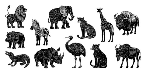 Wall Mural - Hand drawn set with african animals in linocut style. Isolated on white background. 