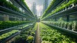  A conceptual image of a minimalist hydroponic city farm with futuristic skyscrapers and advanced agricultural technology