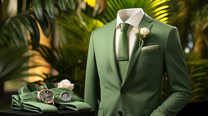 A man in a green suit and tie is wearing a watch and a flower on his lapel