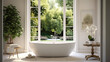 A serene bathroom featuring a freestanding bathtub and a white frame overlooking a garden view.