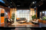Fototapeta  - A talk show set adorned with sleek furniture and modern decor, where business leaders gather to exchange ideas and perspectives on economic issues and market trends, Generative AI