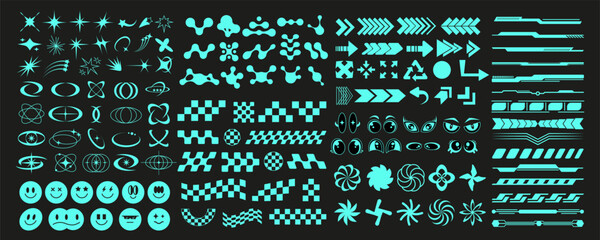 Wall Mural - Neon y2k trippy rave decoration set graphic, cyber geometry acid element collection, retro abstract 90s symbol, modern techno y2k shape vector, geometric blue groovy icon aesthetic