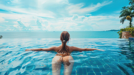 Wall Mural - A beautiful young woman in a pool with a stunning mesmerizing ocean view