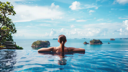 Wall Mural - A beautiful young woman in a pool with a stunning mesmerizing ocean view
