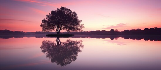 Sticker - Calm evening lake scene with mirror like water reflections and purple pink sunset sky with moody green tree silhouettes