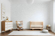 © Nyetock - Interior of spacious nursery with wooden crib and empty chair by star wallpaper at contemporary white apartment