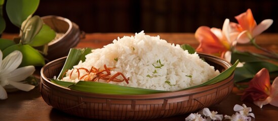 Poster - A bowl of white rice, a staple food, sits on a wooden table next to flowers. This jasmine rice, a key ingredient in many cuisines, is a versatile and delicious addition to any dish