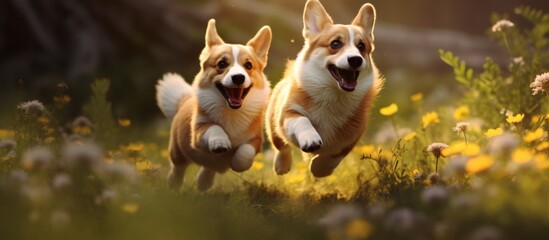 Wall Mural - Two corgi dogs, a dog breed in the Sporting Group, are frolicking in a field of flowers. They are carnivorous terrestrial animals known for their fawncolored coats and are popular as companion dogs