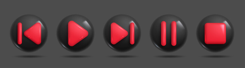 A set of dark 3D multimedia control buttons (play, pause, stop, rewind, fast-forward) with a transparent background. 3d Set of Vector Icons.