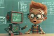A robot and a boy are in a classroom. The robot is looking at the boy with a puzzled expression