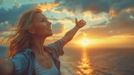 A woman standing on a boat, gazing up at the sky above