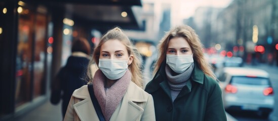 Canvas Print - Two women with face masks are strolling down a bustling city street, surrounded by a diverse crowd. They are wearing hats and scarves, exuding a sense of caution amidst the festive event