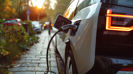 Poster - An electric car is plugged into a charging station, receiving energy to power its environmentally friendly engine