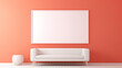 A minimalist space in bright coral tones, with an empty white frame serving as a focal point against a backdrop of clean lines and subtle lighting.