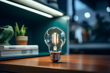 glowing electric lamp on the table in the room. electric lamp. home interior and equipment. lighting in the house