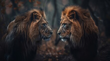 Two Lions In A Forest Looking At Each Other, The Style Is Dreamy And Romantic With A Close-up Perspective.