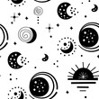 Seamless neo folk patterns with moon, cloud, sun and stars, black and white celestial design. Set Neo folk style endless backgrounds perfect for textile design