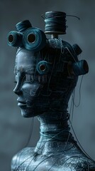 Wall Mural - intricate cybernetic portrait with mechanical headpiece against a mysterious dark background