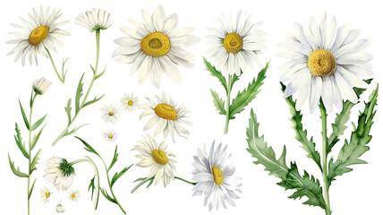 Wall Mural - Beautiful floral set with watercolor hand drawn summer wild field daisy flowers, isolated on transparent background.