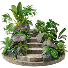 Stone stage surrounded by tropical plants arrangements, isolated on transparent background