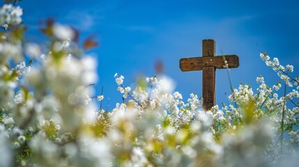 Wall Mural - Wooden Cross Amid Blooming White Flowers