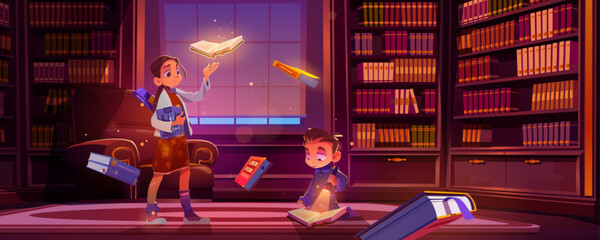 Girl kid in school magic library read book story illustration. Fantasy adventure concept in open fairy tale literature for boy cartoon background. Flying fun mystery education storybook in wizard home