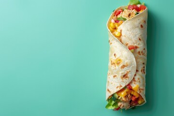 Burrito Wrapped in Tortilla on Blue Background