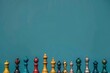 Colorful Chess Pieces on Blue Background