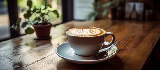 Poster - A coffee cup filled with cappuccino is placed on a wooden table, surrounded by a houseplant in a flowerpot. The tableware adds to the cozy atmosphere