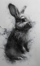 A Monochromatic Illustration Of A Rabbit With Long Ears And Whiskers, Resembling A Mountain Cottontail Or Wood Rabbit, A Terrestrial Organism Commonly Known As A Hare Or Fawn