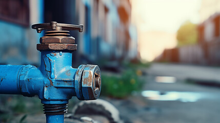 Blue valve for drinking water pipeline, close-up photo