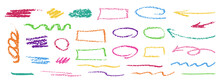Color Crayon Doodles. Arrows, Circles, Underlines And Frames In Pencil. Kids Doodles With Brush