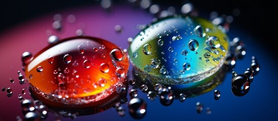 Canvas Print - Two electric blue and magenta marbles are drifting in the liquid, surrounded by bubbles. The scene resembles a colorful art event captured in macro photography