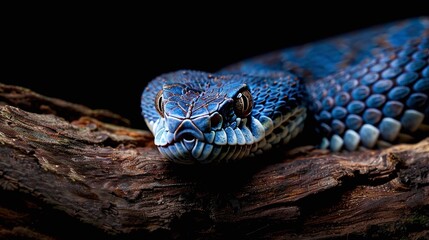 Wall Mural - reptile blue viper snake closeup head on tree with black background