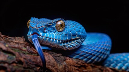 Wall Mural - wild blue viper snake resting on tree branch with dark background