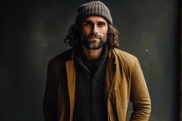 Portrait of a handsome man in a hat and coat. Men's beauty, fashion.