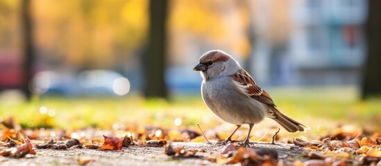 Poster - A Songbird with colorful feathers perches on a twig in the park, surrounded by grass and leaves, showcasing its tiny beak and delicate wings