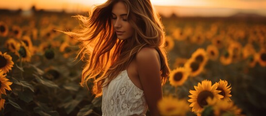 Wall Mural - A woman wearing a white dress stands in a sunflower field at sunset, surrounded by vibrant yellow flowers. Her surfer hair blows in the wind as she enjoys the peaceful moment in nature