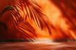 Tropical palm leaf shadow on orange wall. 3d rendering