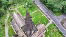 Kirkwall, Scotland UK. Aerial View, Top Of St. Magnus Cathedral And Cemetery, Drone Shot