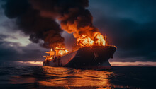 A Large Ship Is On Fire In The Ocean