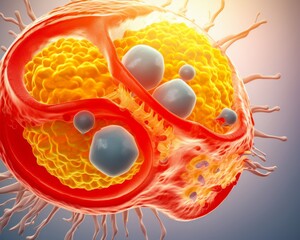 Illustrate the process of cellular respiration showcasing how cells convert nutrients into energyvirus macro 3d render