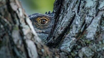 Wall Mural - iguana eye closeup resting on a tree branch illustrating the texture and serene observation of the r