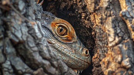 Wall Mural - detailed closeup of an iguana eye resting on a tree branch highlighting the camouflage and natural e