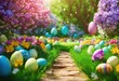 Spring Easter landscape, path in blooming garden, blooming rose tree, painted eggs, green grass, flowers