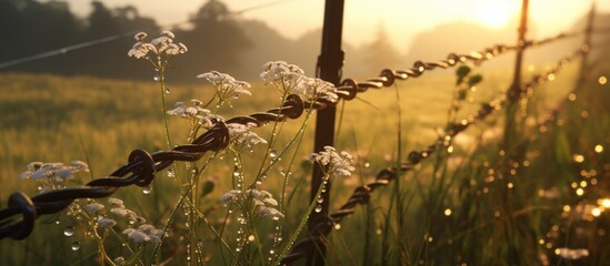 Canvas Print - A barbed wire fence is engulfed by tall grass, vibrant flowers, and the warm hues of the setting sun in a vast field, creating a beautiful natural landscape