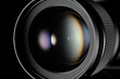 © Kuzmick - Close-up shot of one digital camera lens with light reflex on a black background.