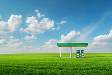 Gas station in a green field and blue sky with clouds. 3D rendering