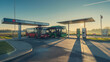 Tourist bus at biogas filling station with clear sky. Carbon carbon-neutral transportation concept