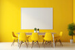 A vibrant yellow meeting room with a wooden feature wall and a blank white empty frame.